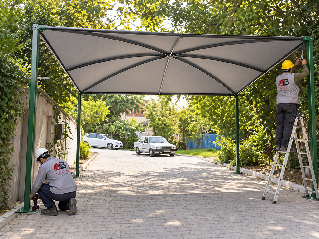 Otopark tentesi ile gölgelendirilmiş araç park alanı