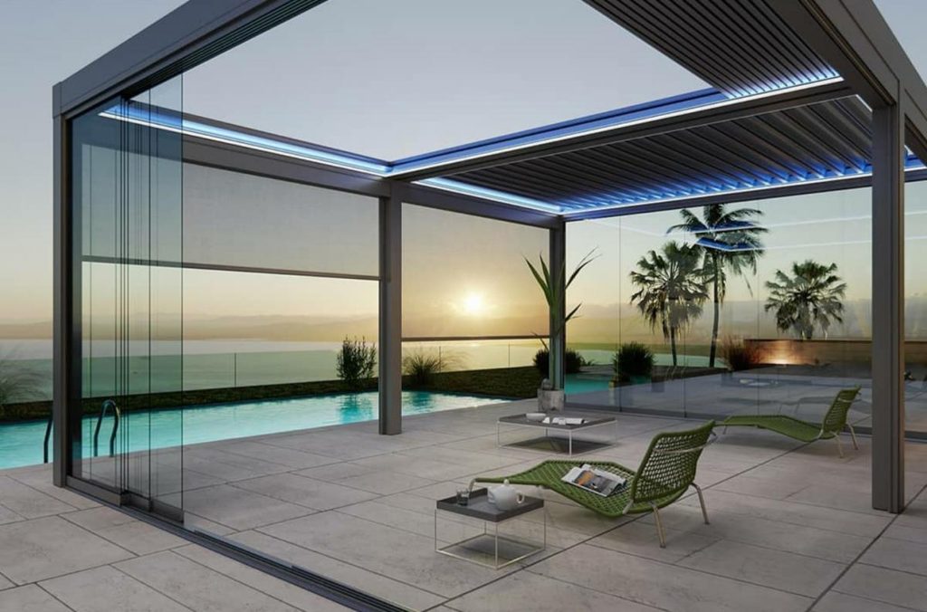 Teras üzerinde motorlu bioklimatik pergola uygulaması